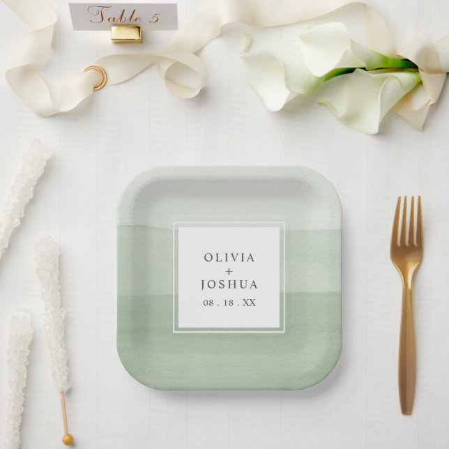 Plato De Papel Boda acuarela verde (Boda)