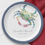 Plato De Papel Boda acuática Blue Crab Beach<br><div class="desc">Diseñada para coordinar con Do Tell A Belle's Coastal Crab Boda Suite, esta placa de papel presenta una réplica de mi cangrejo azul acuarela. Personalice su nombre y fecha de boda. Para cualquier personalización adicional o cualquier otro elemento que coincida, por favor no dude en enviarme un mensaje. Siempre estoy...</div>