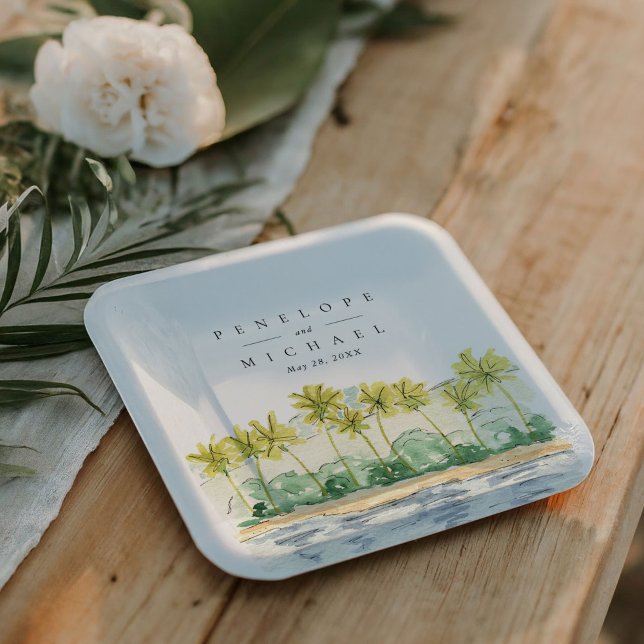 Plato De Papel Boda acuático tropical de palmeras de playa (Tropical watercolor beach palm trees elegant wedding paper plates.)