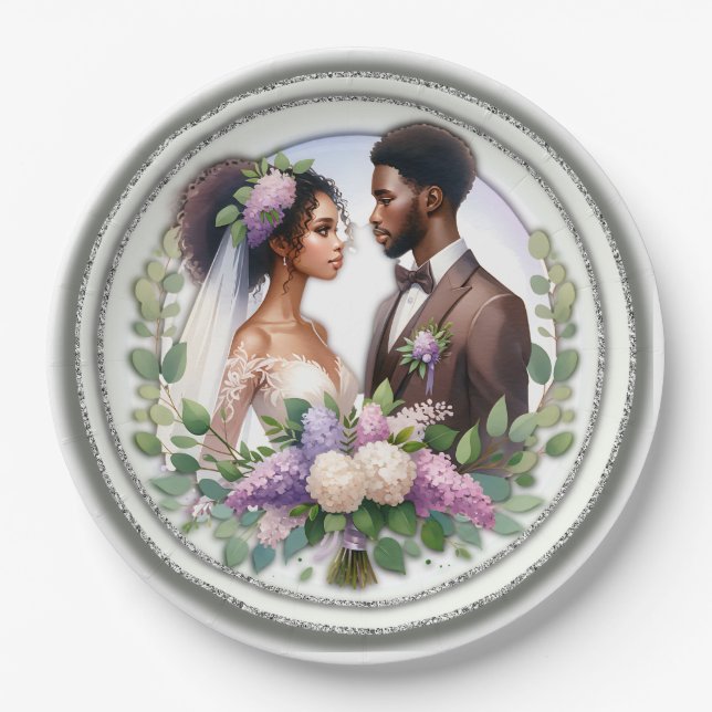 Plato De Papel Boda afroamericano Couple Floral (Anverso)