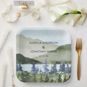 Plato De Papel Boda al aire libre de la Montaña del Bosque Verde
