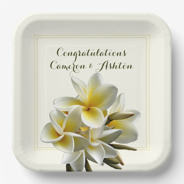 Plato De Papel Boda Amarilla Flores Plumeria Felicitaciones (Anverso)