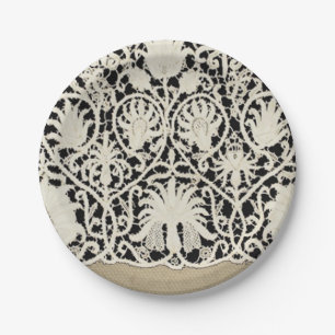 Plato De Papel Boda Antiguo Encaje Lino Blanco Clásico Bonito