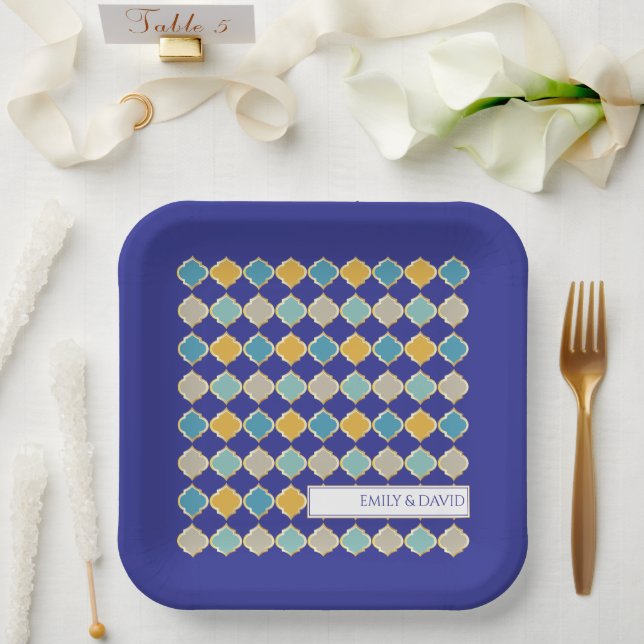 Plato De Papel Boda árabe de oro azul real de mosaico marroquí (Boda)