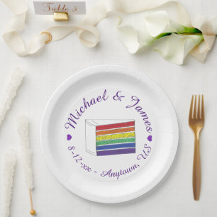 Plato De Papel Boda arcoiris rebanada de pastel morado Gay LGBT