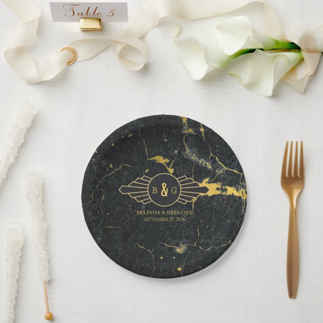 Plato De Papel Boda Art Decó de Mármol de oro negro (Boda)