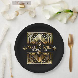 Plato De Papel Boda Art Déco Negro y Dorado