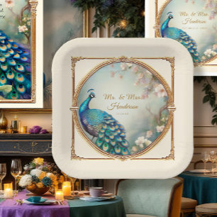 Plato De Papel Boda Art Deco Peacock Elegante de Flor