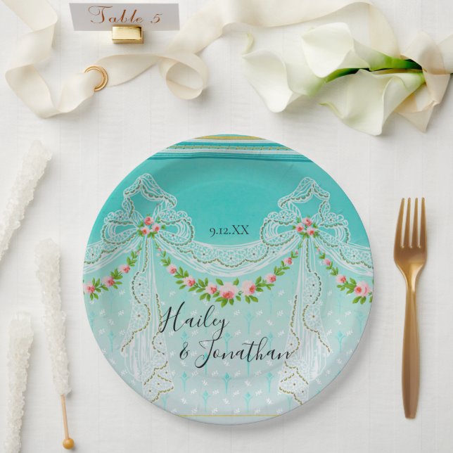 Plato De Papel Boda Art Nouveau intrincado Floral rosa (Boda)