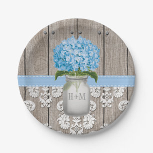 Plato De Papel Boda azul con monograma del Hydrangea del tarro de