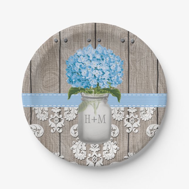 Plato De Papel Boda azul con monograma del Hydrangea del tarro de (Anverso)