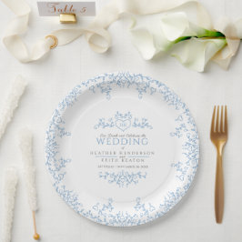 Plato De Papel Boda azul de la línea de la hoja de arte del coraz