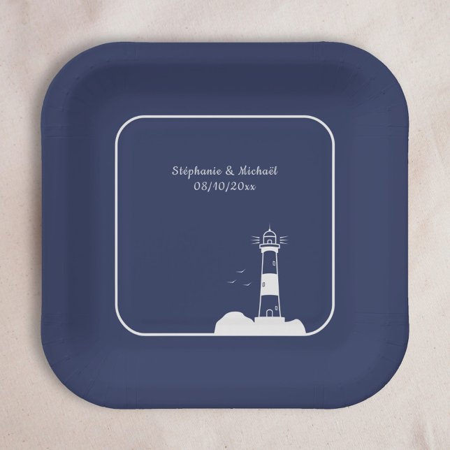 Plato De Papel Boda azul de la Marina de Faro (Lighthouse Navy Blue Wedding Paper Plates)