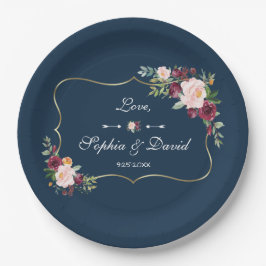 Plato De Papel Boda azul de la Marina Floral de Rubor GlamGold
