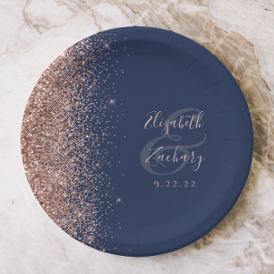 Plato De Papel Boda Azul Marino Brillo Oro Rosa Moderno