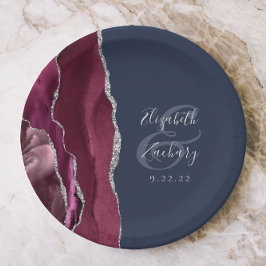Plato De Papel Boda Azul Marino Burgundy Plata Agata