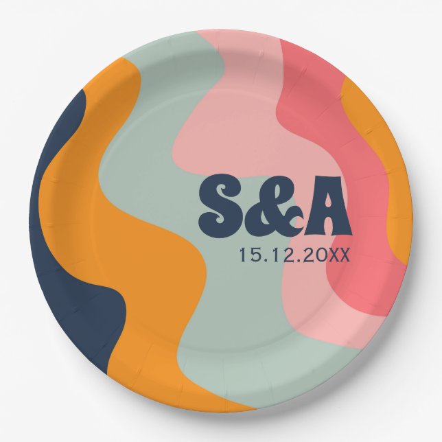 Plato De Papel boda azul rosado pastel retro Groovy Wavy Pastel d (Anverso)