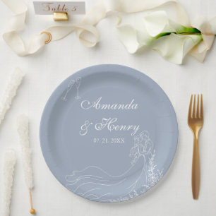 Plato De Papel Boda azul turbio elegante con pareja de tracción d