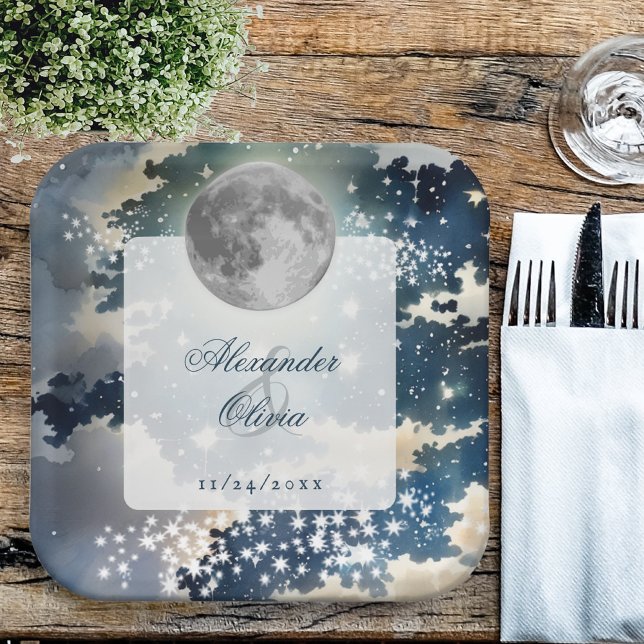 Plato De Papel Boda bajo el cielo nocturno lunar (Lunar Night Sky Wedding Paper Plates)