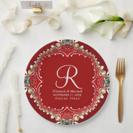 Plato De Papel Boda Batik Monograma V2 de Bohemia Roja