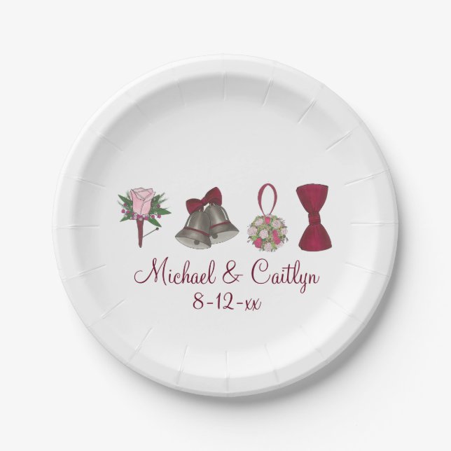 Plato De Papel Boda Bells Rosa de novias Flores Bowtie Plates (Anverso)