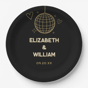 Plato De Papel Boda Black And Gold Retro Disco Groovy de los años