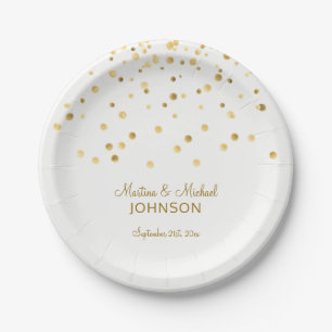 Plato De Papel Boda blanco de faux Gold Confetti personalizado