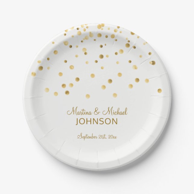 Plato De Papel Boda blanco de faux Gold Confetti personalizado (Anverso)