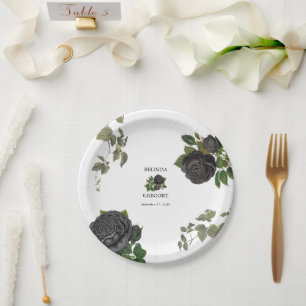 Plato De Papel Boda blanco de Rosas negros de Halloween góticos
