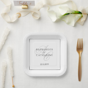 Plato De Papel Boda Blanco Negro Monograma Elegante