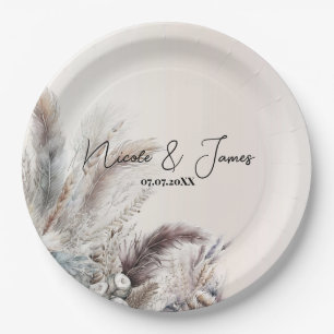 Plato De Papel Boda Bohemiana Floral Terrosa con Plumas