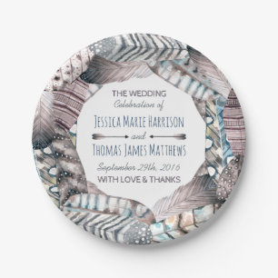 Plato De Papel Boda bohemio de plumas tribales modernas