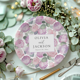 Plato De Papel Boda Bohemio Floral Acuarela Púrpura y Rosa
