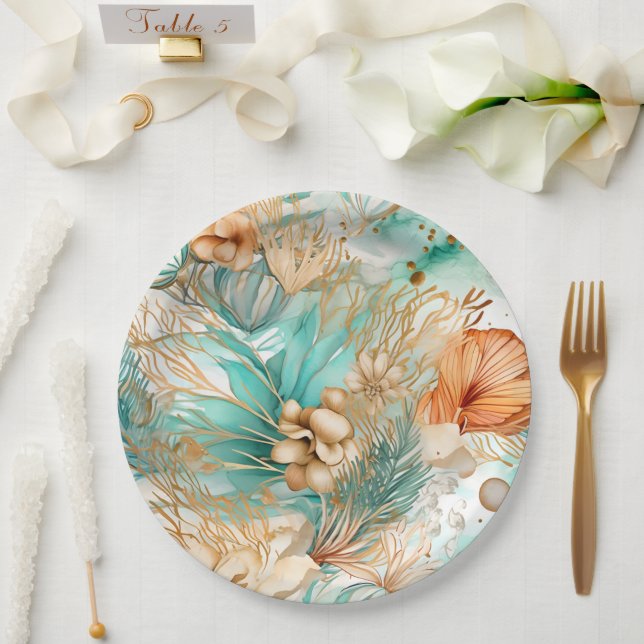 Plato De Papel Boda Boho Beach Floral Blue Peach (Boda)