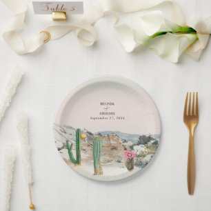 Plato De Papel Boda Boho Cactus Desierto Acuarela