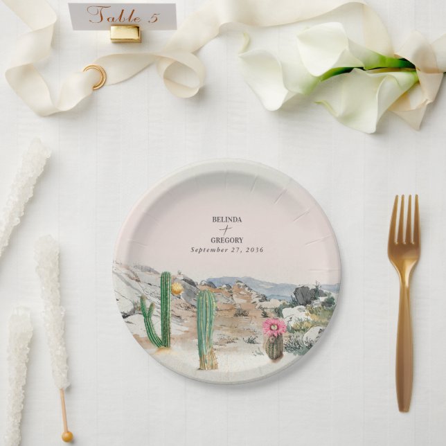 Plato De Papel Boda Boho Cactus Desierto Acuarela (Boda)