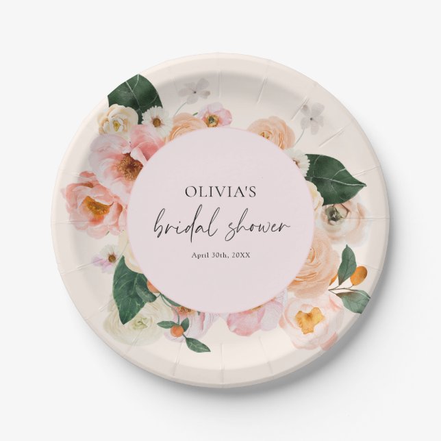 Plato De Papel Boda Boho Elegante con Flores Rosadas (Anverso)