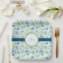 Plato De Papel Boda Boho Monograma Floral Acuarela Azul