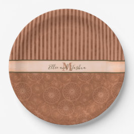 Plato De Papel Boda Boho Naranja y banda geométrica marrón