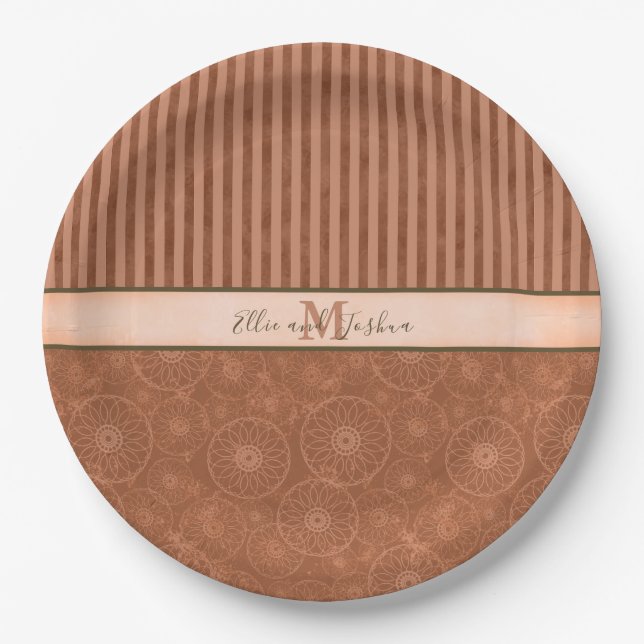 Plato De Papel Boda Boho Naranja y banda geométrica marrón (Anverso)