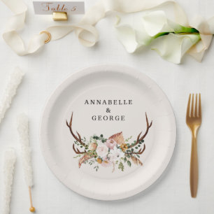 Plato De Papel Boda Boho Rústica Antler Floral Monograma de Boda