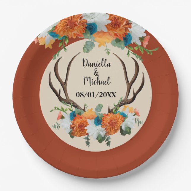 Plato De Papel Boda BOHO Rústico Floral Antlers (Anverso)