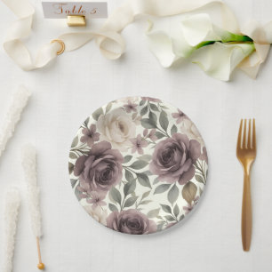 Plato De Papel Boda botánica de color malva polvoriento y flor de
