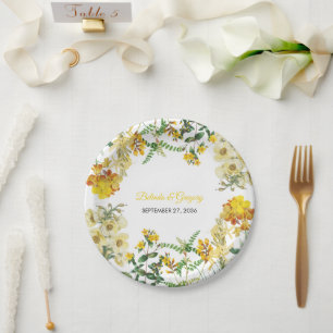 Plato De Papel Boda Botánica Floral Acuarela Amarilla Vintage
