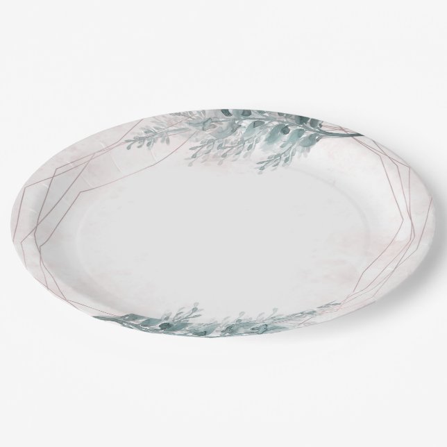 Plato De Papel Boda Botánica Geométrica Acuarela Rosa Sonrojo (Angular)