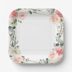 Plato De Papel Boda Botánica Geométrica Dorada Floral Rosa Sonroj