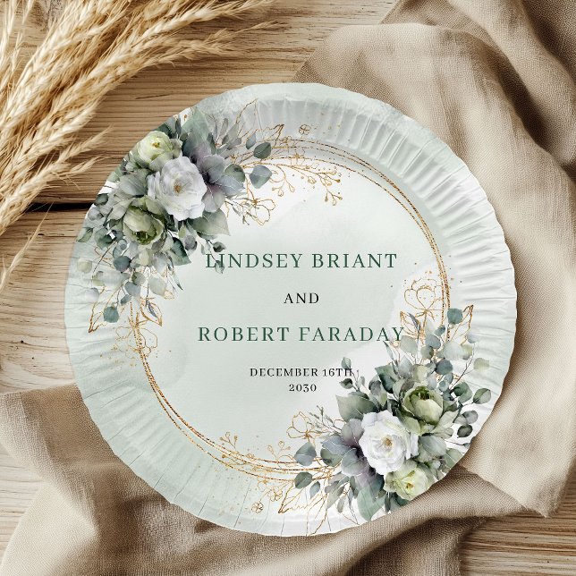 Plato De Papel Boda Botánica Personalizada Boho Verde Oro  (Boho Green Gold Personalized Botanical Wedding Plates)