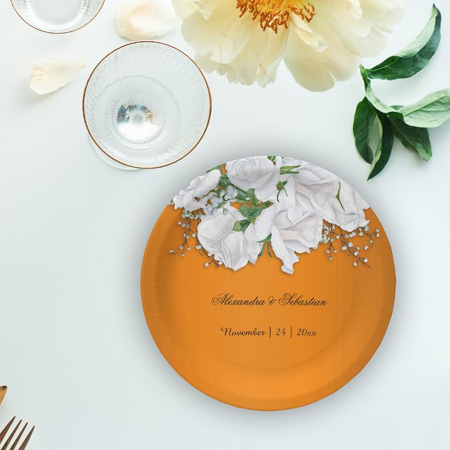 Plato De Papel Boda botánico blanco Naranja quemado (Subido por el creador)