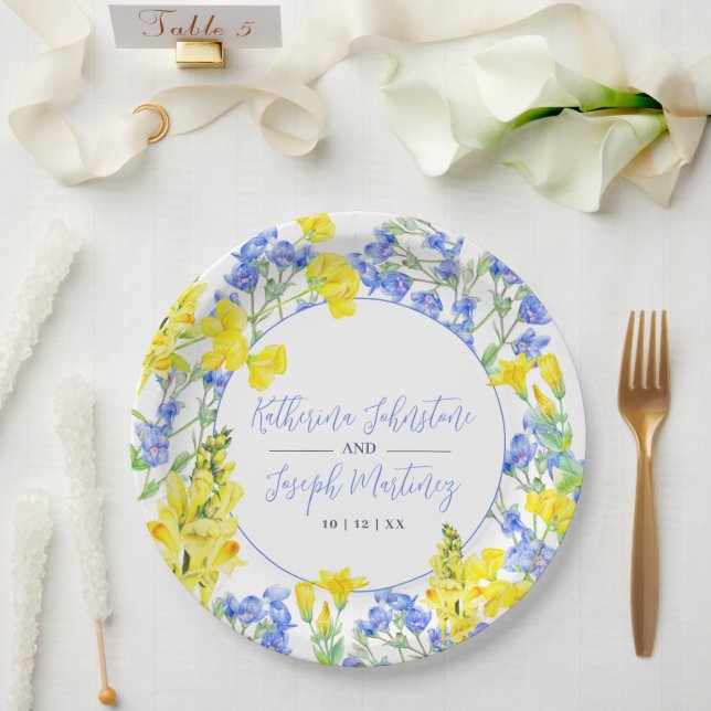 Plato De Papel Boda botánico de acuarela azul de flores silvestre (Boda)