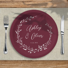 Plato De Papel Boda botánico de Boho Burgundy Wildflower ruso